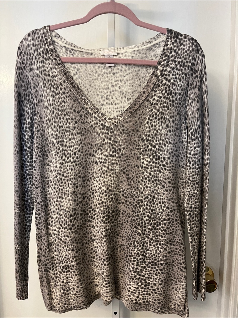 Chico's Taupe and Cream Leopard-Spot V-Neck Long Sleeve Top